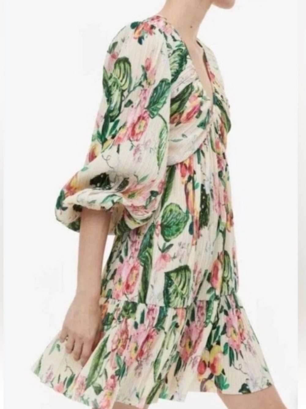 H&M Floral V-Neck Pleated Mini Dress - Pink & Green